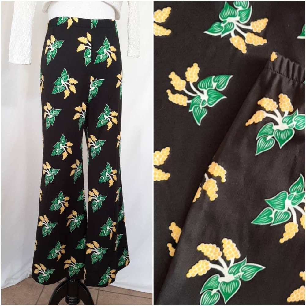 Vtg 70s Polyester Bells Novelty Goldenrod Plant Print Bell Bottom Flare Pants SM